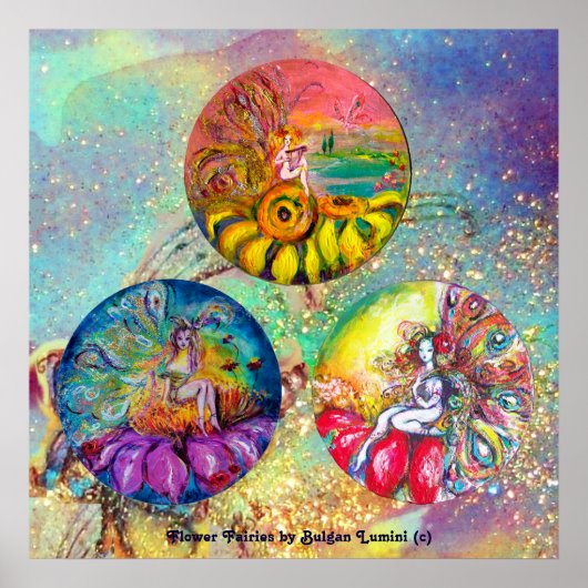 POSTER TAILLES DE FLEURS EN PARKLES D'OR VERT BLEU (Devant)