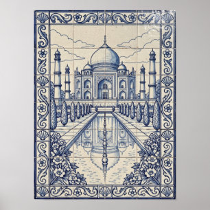Poster Taj Mahal Inde Bleu Art Portugais Azulejo