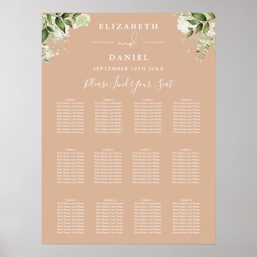 Poster Tan Floral Greenery Mariage Carte de siège (Devant)