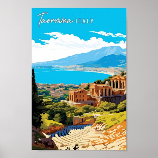 Poster Taormina Italie illustration de voyage vintage (Devant)