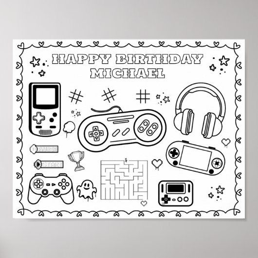 Poster Tapis de coloriage d'anniversaire de jeu vidéo mod (Devant)