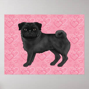 Poster Tapisserie Chien Carlin Noir Cartoon Cœurs Amour R