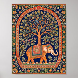 Poster Tapisserie indienne d'arbre saint et d'éléphant sa