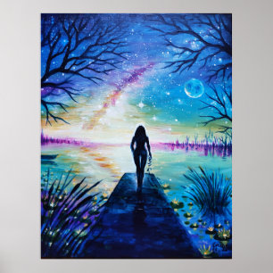 Poster Tard dans la nuit, elle regarde le lac et le lait