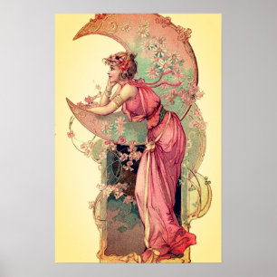 Poster TAROTS / DAME DE LA LUNE AVEC FLEURS Rose Jaune