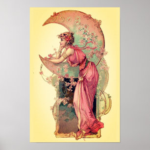 Poster TAROTS / DAME DE LA LUNE AVEC FLEURS Rose Jaune