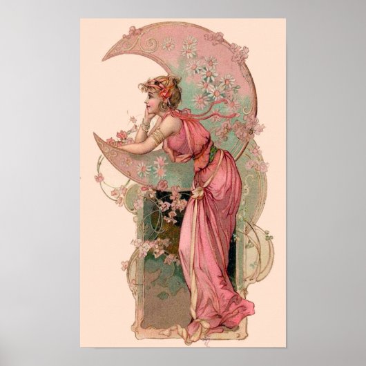 POSTER TAROTS / LADY DE LA LUNE AVEC FLEURS EN ROSE (Devant)