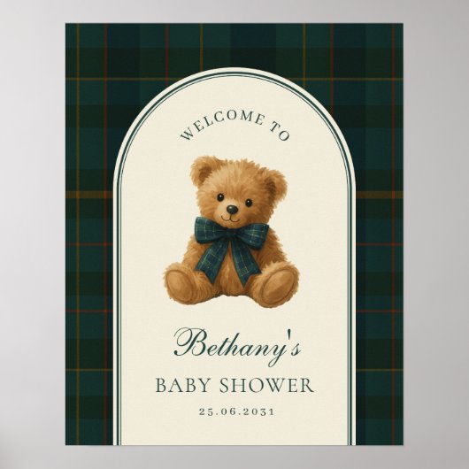 Poster Tartan Check Teddy Bear Baby Shower Welcome (Devant)