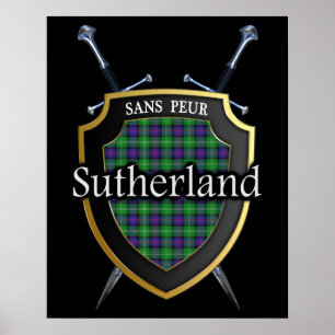 Poster Tartan Clan Sutherland Écossais Bouclier & Épées