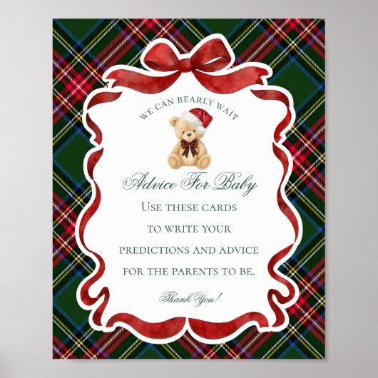 Poster Tartan Plaid Christmas Bear Shower Advice for Baby (Devant)