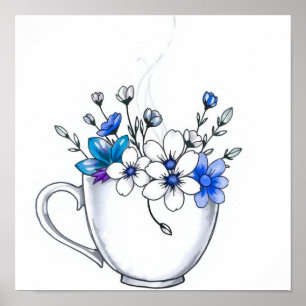 Poster Tasse à café avec dessin de fleurs en ligne dans l