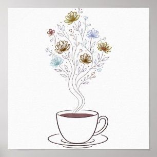 Poster Tasse à café avec dessin de fleurs en ligne de vap