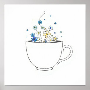 Poster Tasse à café avec dessin de fleurs en ligne sur la