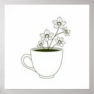 Poster Tasse à café avec dessin de vapeur florale en lign