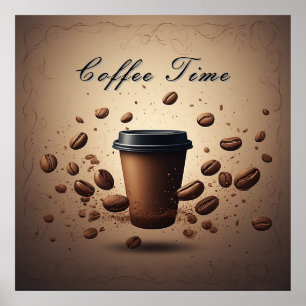 Poster Tasse de café flottante avec grains de café