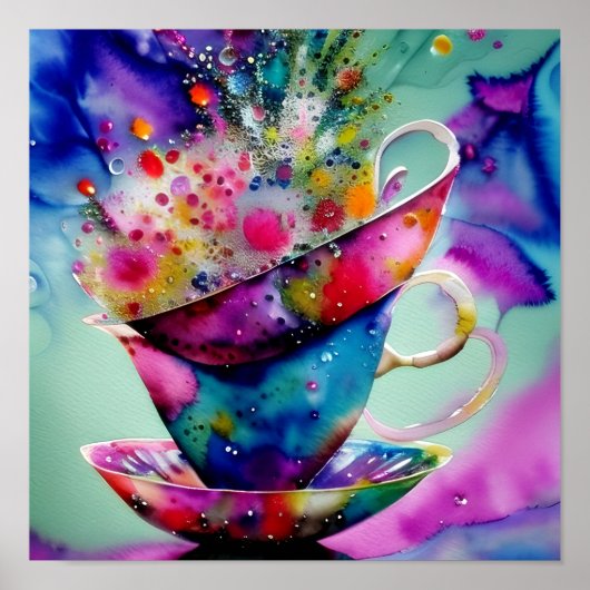 Poster Tasses à thé éclaboussées d'aquarelle (Devant)