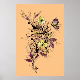 Poster Tatouage à fleurs en jaune et violet