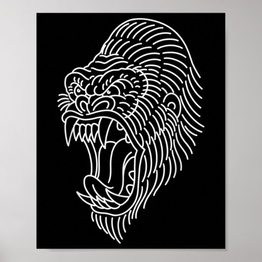 Poster Tatouage à la tête de gorille traditionnelle améri (Devant)