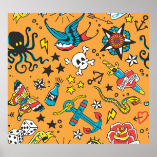 Poster Tatouage de l'ancienne école : mignon sans couture