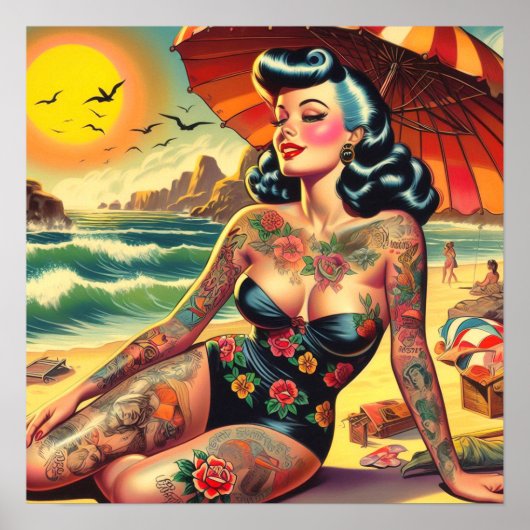 Poster Tattoo Beach Pin-up (Devant)