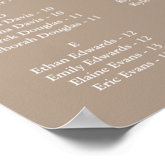 Poster Taupe Wedding Alphabetical Seating Chart (Coin)