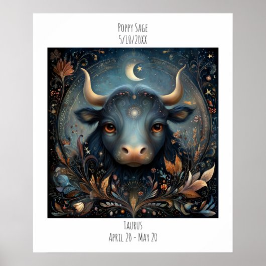 Poster Taureau Zodiaque Astrologie Nom & Anniversaire (Devant)