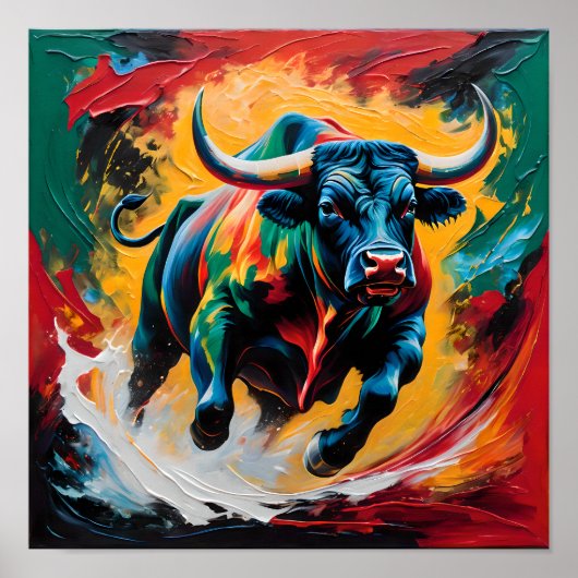 Poster Taurillon chargeant en flammes – Abstrait (Devant)