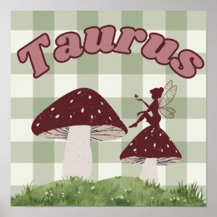 Poster Taurus Zodiac Cottagecore Champignons de fées