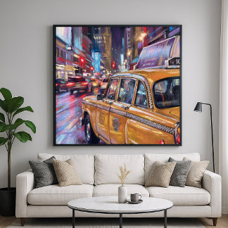 Poster Taxi Cab Nuit Ville - Style Impressionniste