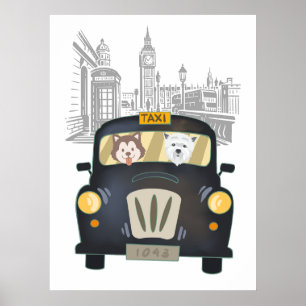 Poster Taxi de Londres noir conduit par des chiens