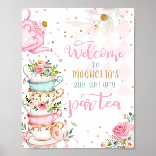 Poster Tea Party Anniversaire Fille Rose & Or Floral Par  (Devant)