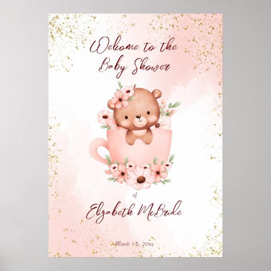 Poster Tea party baby shower rose en peluche dans une tas (Devant)