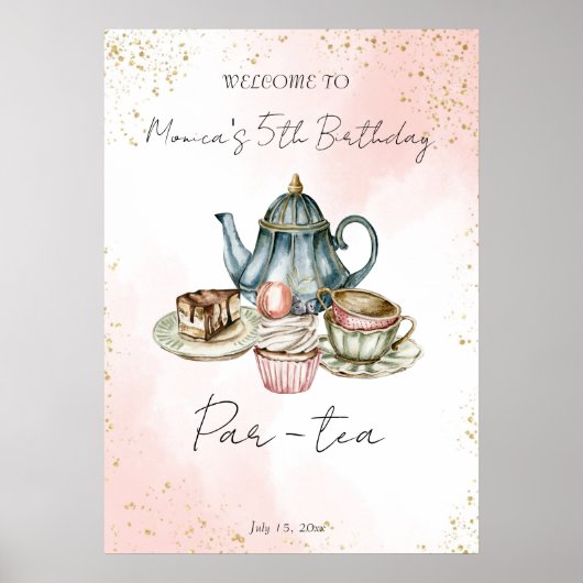 Poster Tea party bleu rose aquarelle anniversaire bienven (Devant)