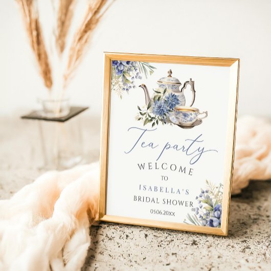 Poster Tea Party Blue Floral Aquarelle Bienvenue