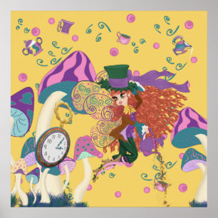Poster Tea Party Fairy, Vintage Watch et champignons