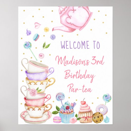 Poster Tea Party or rose Floral Anniversaire Bienvenue (Devant)