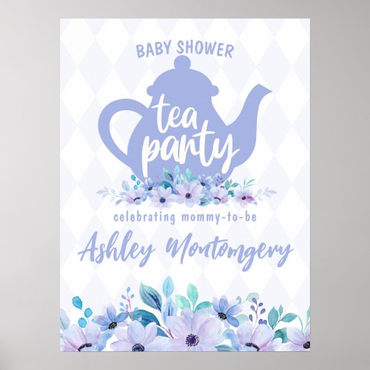 Poster Tea Party Purple Aquarelle Baby shower (Devant)
