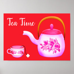Poster Tea time slogan amateur de thé Pink Vintage teapot