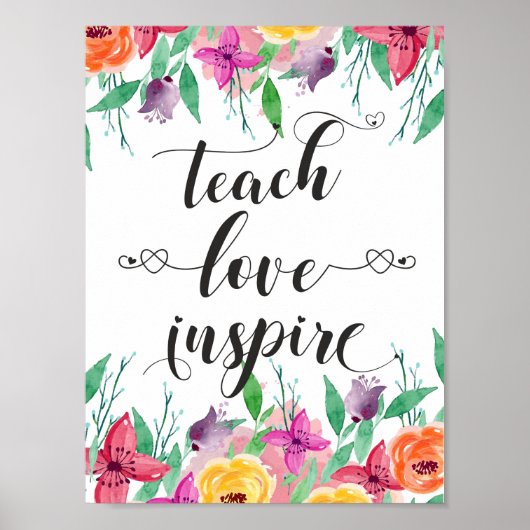 Poster Teacher Gift Teach Love Inspire Quote Floral Text (Devant)