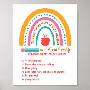 Poster #Teacherlife Rainbow Règles de classe personnalisé