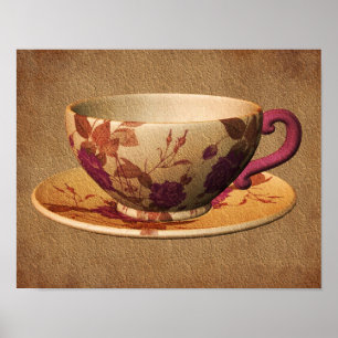 Poster Teacup Florale Sur L'Art Papier Vieilli