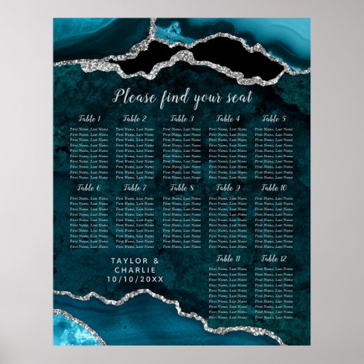 Poster Teal and Silver Agate Wedding Seating Chart (Devant)