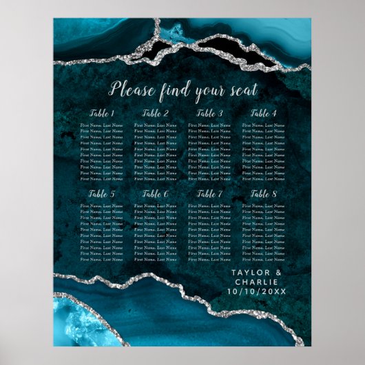 Poster Teal and Silver Agate Wedding Seating Chart (Devant)