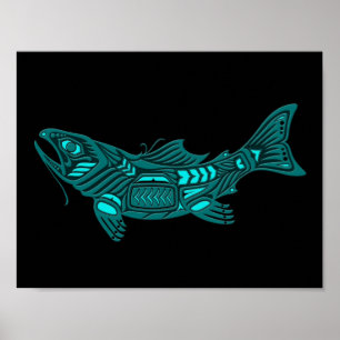 Poster Teal Blue Haida Spirit Fish on Black