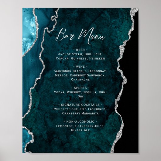 Poster Teal Blue Silver Agate Script Wedding Bar Menu  (Devant)