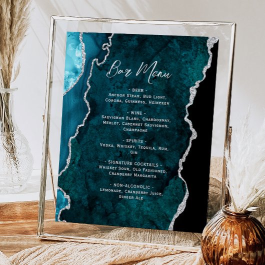 Poster Teal Blue Silver Agate Script Wedding Bar Menu 
