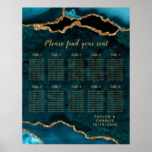 Poster Teal Gold Agate Wedding Seating Chart 10 Table (Devant)