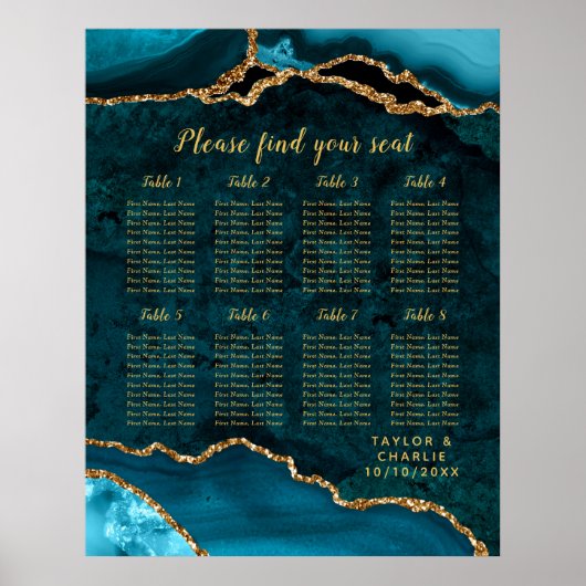 Poster Teal Gold Agate Wedding Seating Chart 8 Table (Devant)