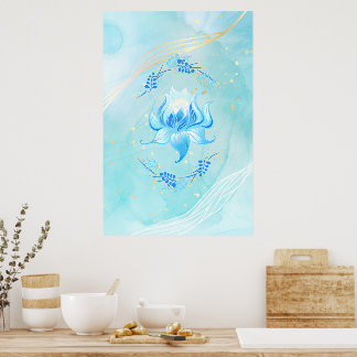 Poster Teal Lotus Bloom Azure Glow