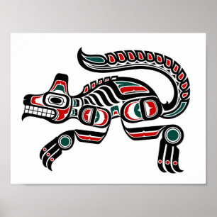 Poster Teal rouge et loup noir d'esprit de Haida